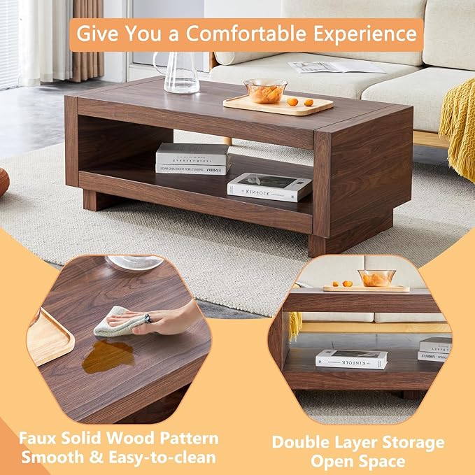 Walnut Mid-Century Coffee Table, 47.2" W×23.6" D×18" H，Rectangular MDF Storage