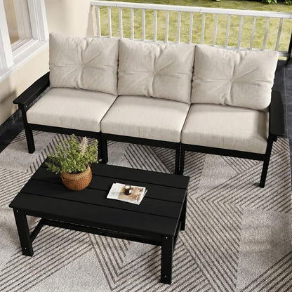 HDPE Patio Sofa Set, 4-Piece Sectional Outdoor Patio Furniture Set, All Weather Outdoor Couch Set with Coffee Table & Beige Washable Thick Cushions for Balcony, Porch(Black Frame)