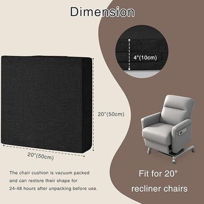 OVOV Recliner Cushions for Elderly 20"x20"x4" Thick Seat Cushion for Recliner Chair Large Square Non Slip Chair Pads with Washable Cover for Armchair Couch Black