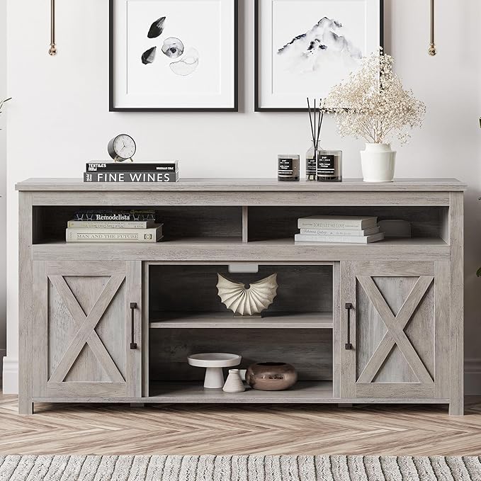 BELLEZE Modern 58 Inch Barn Door Wood TV Stand & Media Entertainment Center