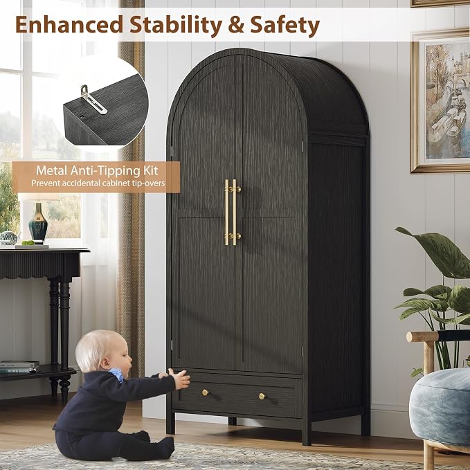VINGLI Arched Wardrobe Closet Armoire with Doors and Drawer, Bedroom Armoires Black Wardrobe Cabinet Closet,19.7" D x 31.5" W x 69.7" H