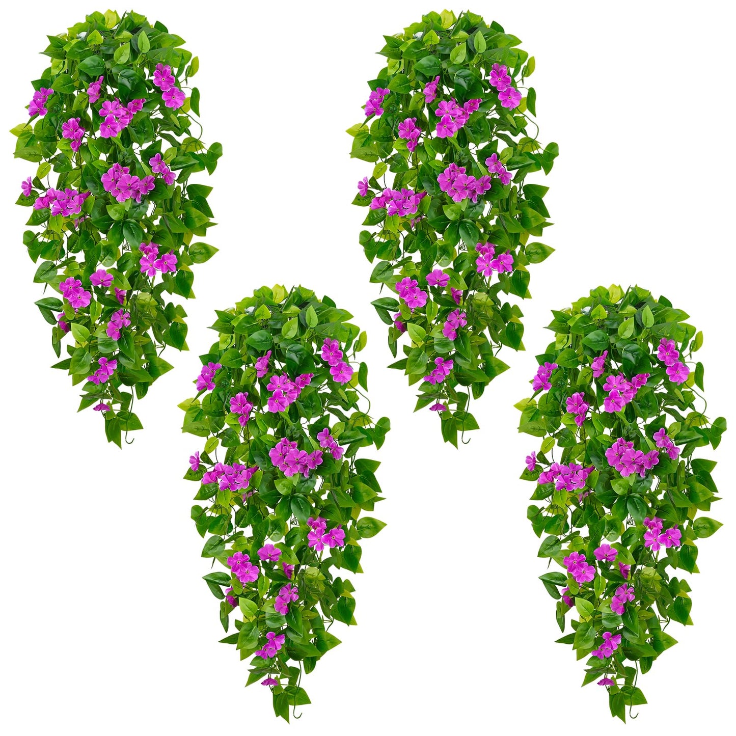 BLEUM CADE Artificial Hanging Flowers for Outdoors, 4pcs Fake Hanging Plants Pothos Vines with Purple Flowers for Wall Home Living Room Indoor Outdoor Decor (No Baskets)