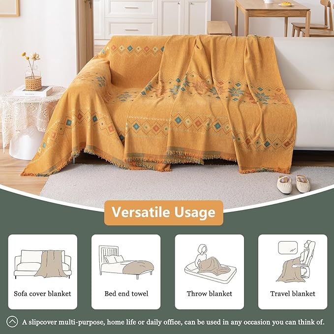 DREAMINGO Orange Boho Sofa Cover Chenille Couch Cover Blanket Vintage Bohemian