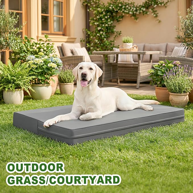 Vonabem Outdoor Waterproof Dog Bed Washable, XXL Crate Pad 48 Inch, Cooling Wipeable Leather Large Pet Bed with Removable Cover Reversible, Foam Anti-Slip Kennel Pads 47"x29" Grey