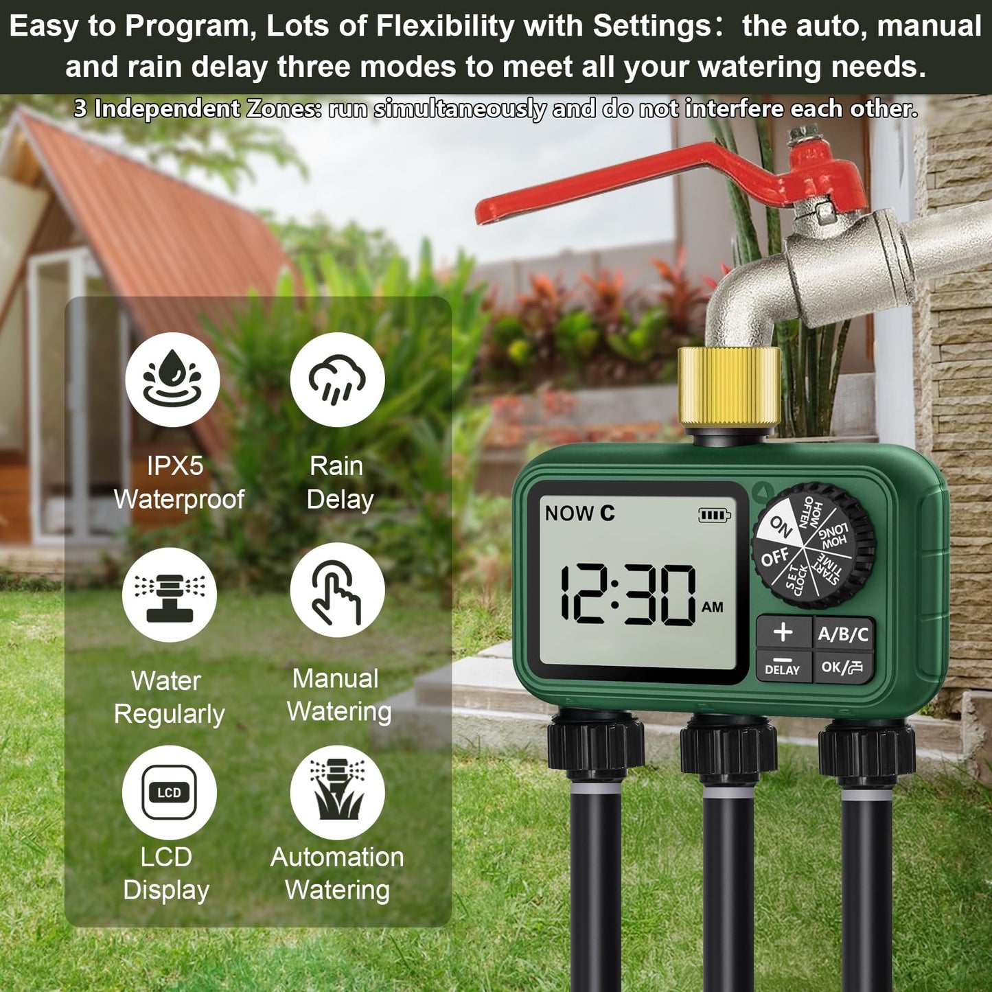 XinFuture Water Timer for Outdoor Garden Hose, Sprinkler Timer for Garden Faucet with Auto/Manual/Rain Delay Mode, Sprinkler Irrigation Controller for Yard Lawn (3 Zones Brass Inlet)