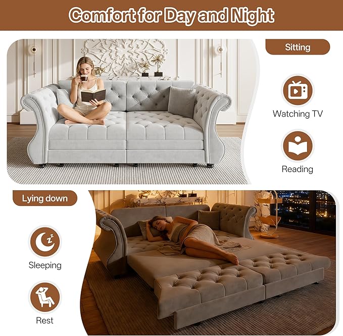 83.8" Oversized Pull Out Sofa Bed, Chesterfield Velvet Sleeper Sofa Couch