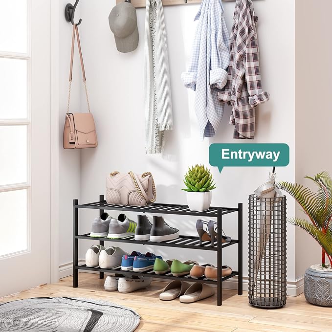 viewcare 3-Tier Long Black Shoe Rack, Bamboo Wood Shoe Rack