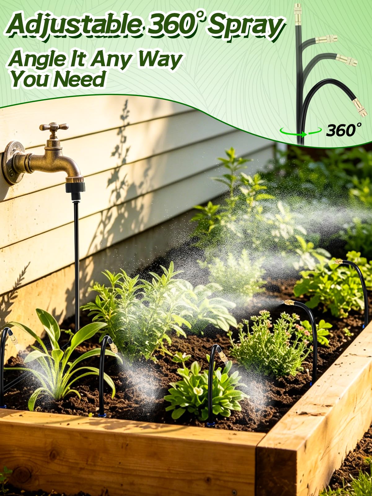 49ft Drip Irrigation System - Includes 15pcs 360° Adjustable Copper Nozzles, 5/16" PE Tubing, 1/2" & 3/4" Faucet Adapters, Automatic Garden Watering Sprinkler System Kit for Raised Bed Plants Lawn