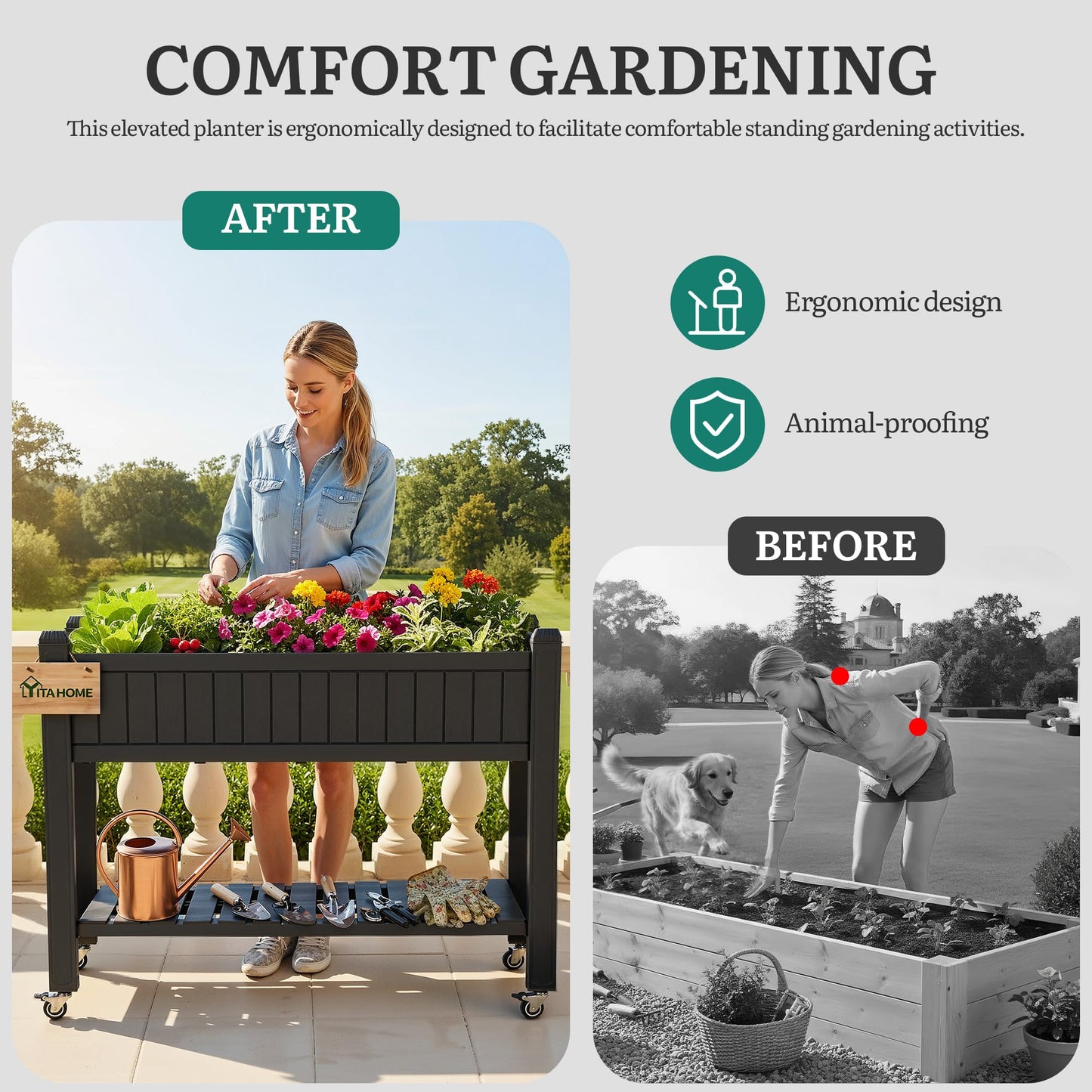 YITAHOME 42.5x17.3x35.4 in Raised Garden Bed, Outdoor Plastic Planter Box with Wheels, Legs, Drain Plug, and Storage Shelf for Plants, Vegetables, Flowers, Herbs, Black