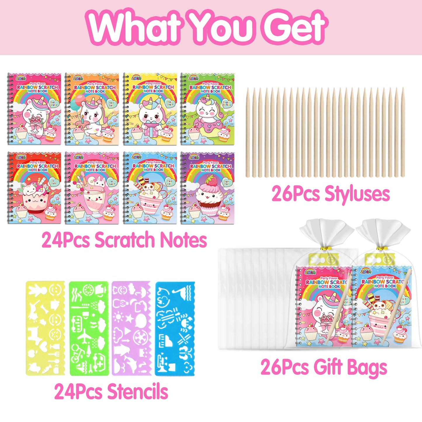 ZMLM 24 Pack Rainbow Scratch Art Party Favors for Kids 4-8 - Mess-Free Birthday Goodie Bags Stuffers, Classroom Prizes Grades 1–3, Creative Paper Notebooks for Pre-K Kindergarten Gifts(Unicorn