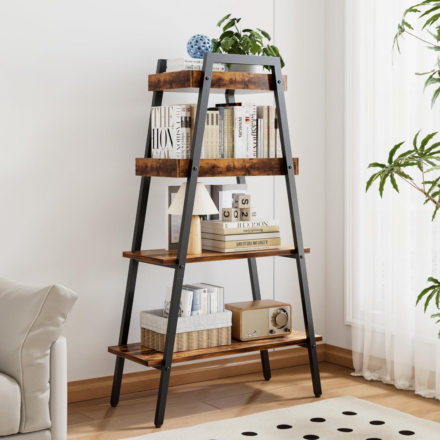 VECELO Book Shelf, 4 Tier Wooden Ladder Bookcase with Metal Frame, Enclosed Edges Combined with Open Display, Decorative and Plant Stand for Living Room/Farmhouse/Bedroom/Home Office-Brown