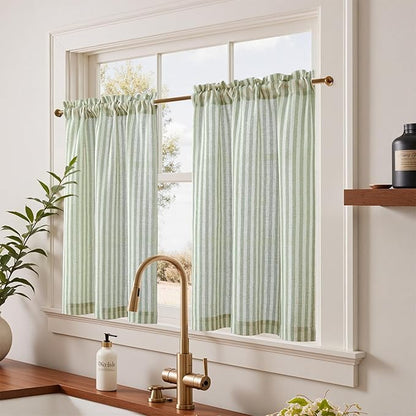 jinchan Linen Kitchen Curtains 36 Inch Length Striped Tier Curtains Ticking Stripe Small Drapes for Living Room Bathroom Cafe Small Window Farmhouse Rustic Pinstripe Rod Pocket 2 Panels Sage Green