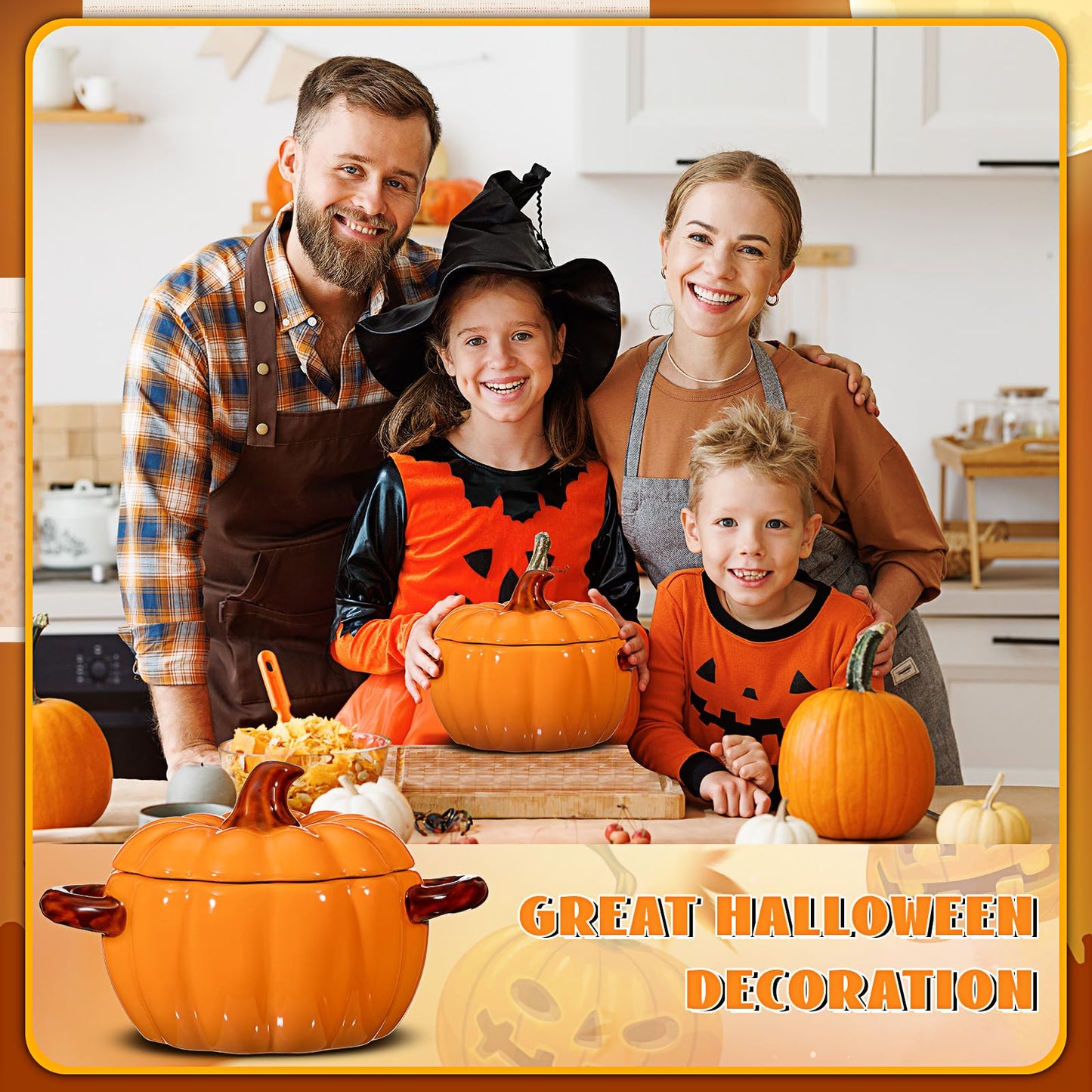 Uiifan 2 Pcs Pumpkin Bowl Ceramic Pumpkin Pot for Cooking Thanksgiving 17 oz Casserole Cookware Soup Dish Orange Cute Safe Oven Pot with Lid Double Ear for Fall Halloween Autumn Baking