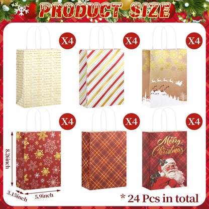 24 Pcs Christmas Gold Foil Gift Bags with Handles, 6 Assorted Xmas Designs, 8.3 x 6 x 3.5'' Holiday Kraft Paper Red and Gold Gift Bags for Christmas New Year Winter Party Favor, Goody Treat Wrapping