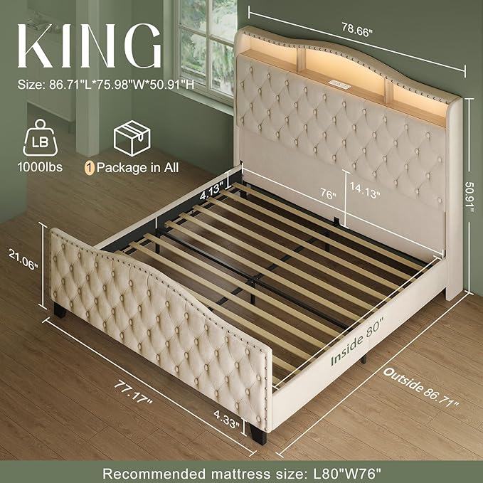 Belffin King Size Bed Frame and Headboard, 50.9" Velvet Upholstered Wingback