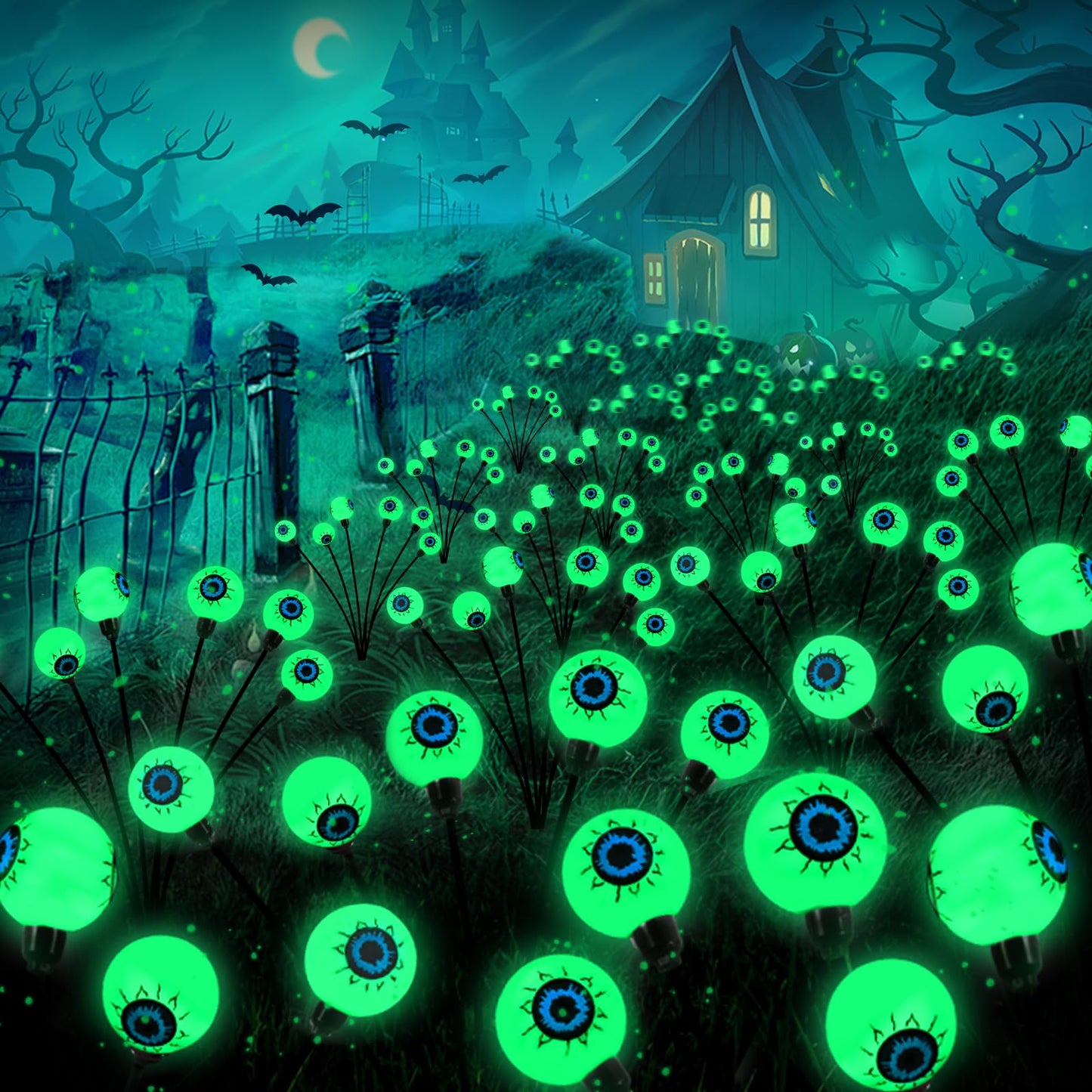 Lewondr Halloween Decorations Outdoor Eyeball Lights, 6 Pack Solar Garden Lights with 2 Modes, Waterproof Firefly Lamps Swaying by Wind for Yard, Pathway, Lawn, Patio, Party, Green