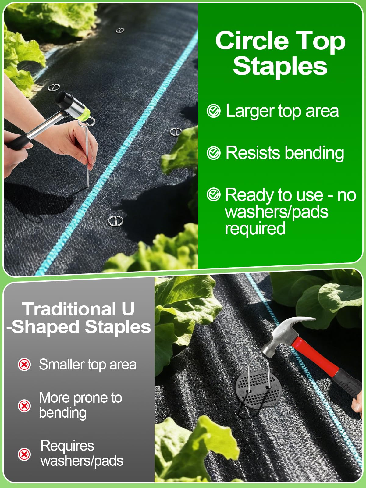 6 Inch Landscape Staples with Hook & Hammer - 200pcs Circle Top Weed Barrier Stakes Kit, 9 Gauge Galvanized Rust-Resistant Garden Fabric Pins, for SOD, Garden Edging, Install & Remove Tools Included