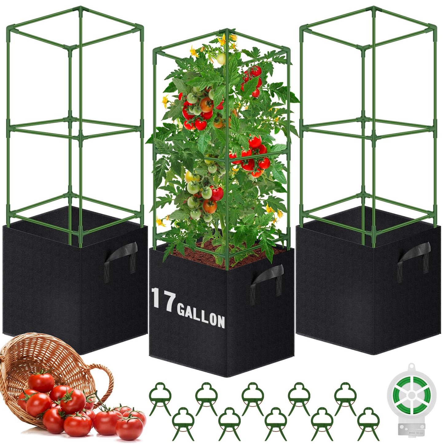 WLLEYAY 3 Pack Square Tomato Cages with 17 Gallon Grow Bags, 46'' Upgraded Heavy Duty Steel Garden Plant Support Stakes Kit, Flowers Vegetable Trellis for Vertical Climbing Plants Vines