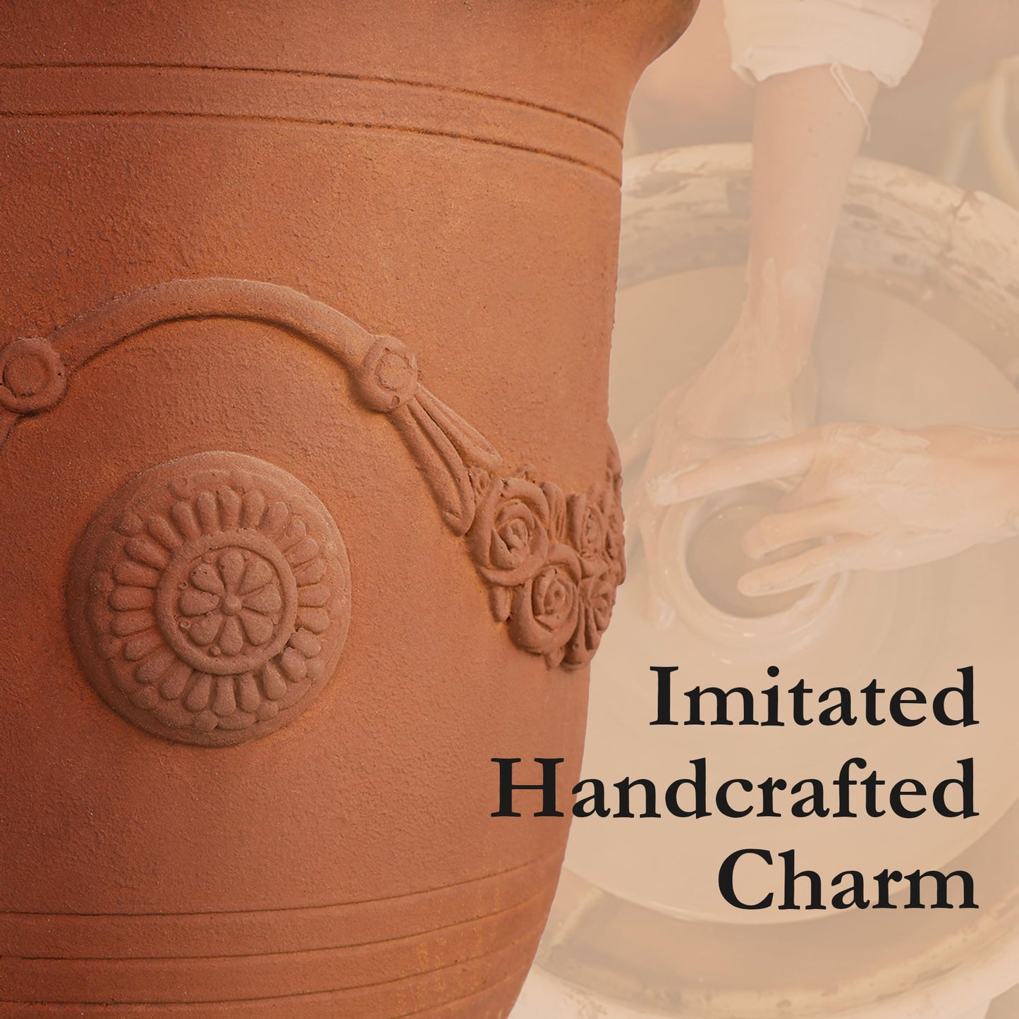 Worth Garden Large Urn Planter - 14" Dia x 16.5" H Lightweight Magnesium Oxide Plant Pot with Cement Texture - Rust-Like Finish Concrete Urn Planter with Drainage Hole for Indoor & Outdoor Decor