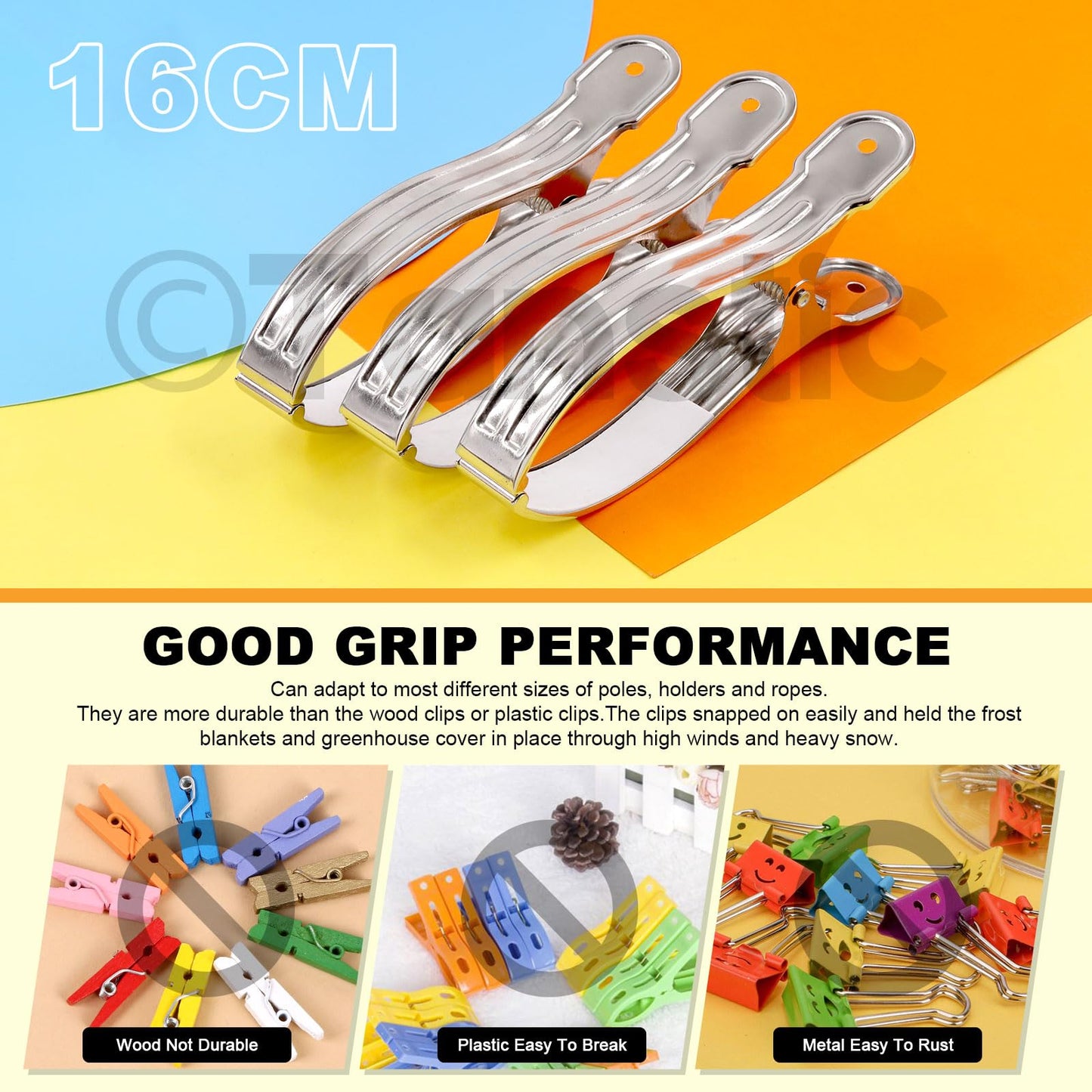 Tanstic 10pcs 6.3 Inch Stainless Steel Greenhouse Clamps Heavy Duty Garden Clips with Strong Grip and Large Open Mouth for Netting Holding