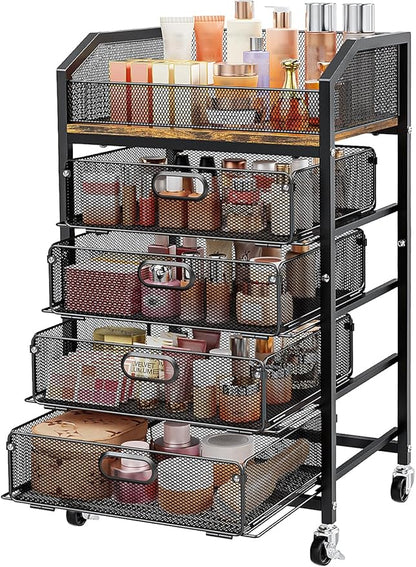 SUNALLY Makeup Organizer Cart with 4 Drawers, Rolling Makeup Storage Cart Metal Skincare Organizers, Large Vanity Storage Organizer Cosmetics Display Cases for Skin Care Perfume Nail Polish, Black