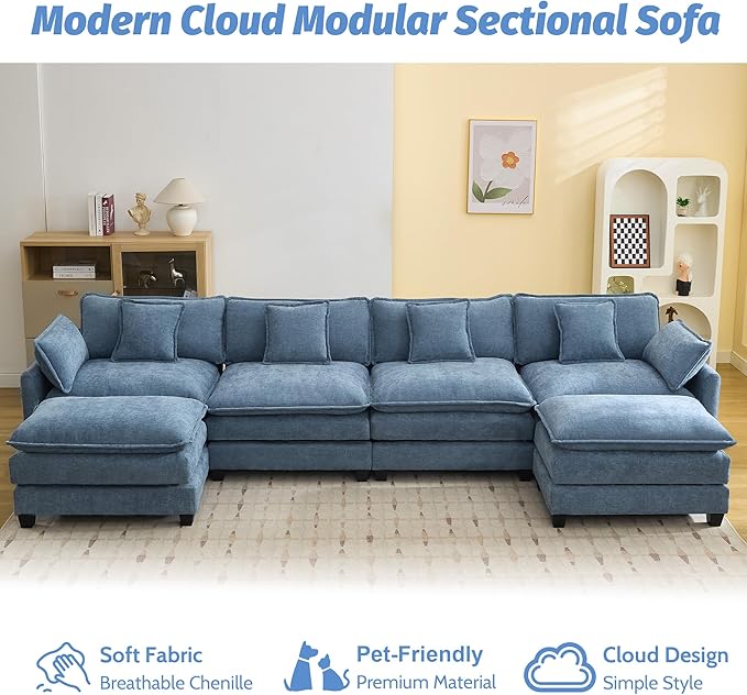 147'' Sectional Cloud Deep Seat Couch, Oversized Chenille U Shaped Sectional