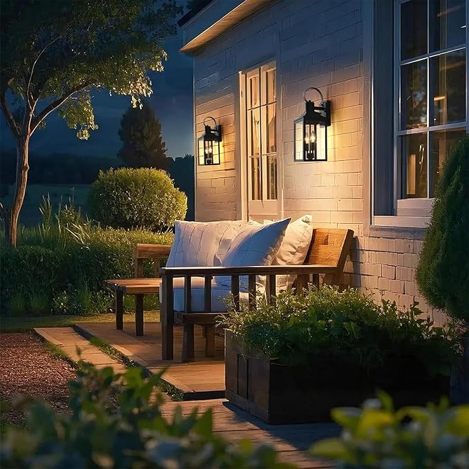 18.9" Black Dusk to Dawn Outdoor Lighting, 2-Light Industrial Porch Light with Clear Glass, Waterproof Farmhouse Outside Light Fixture Wall Mount for Porch, Patio, Garage (1 Pack)