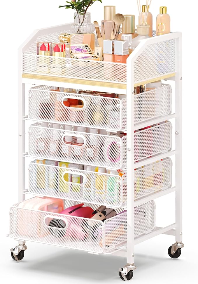 Goovilla Rolling Makeup Organizer Cart with Drawers, 5 Tier Metal Floor Skincare Vanity Organizers with Lockable Wheels, Make Up Storage Cart for Cosmetics Display, Nail Polish, Perfume, White
