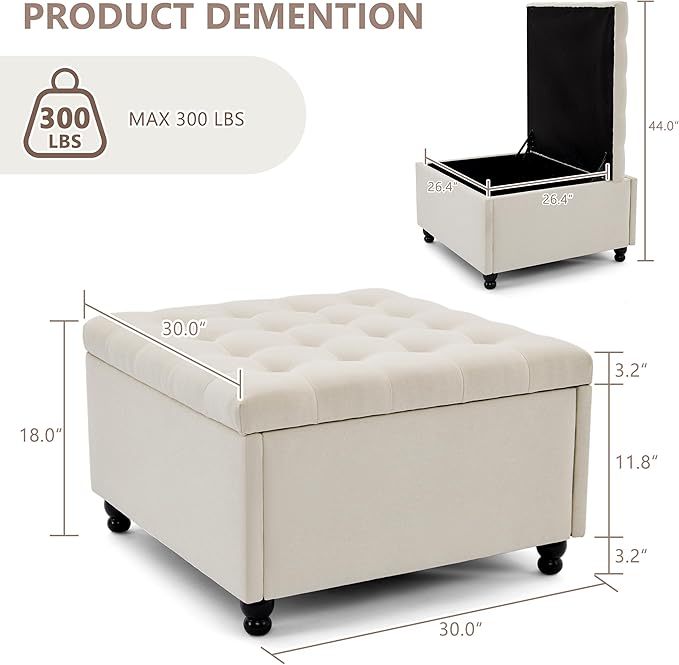 Weture 30 Inch Large Square Storage Ottoman Coffee Table, Oversized Square