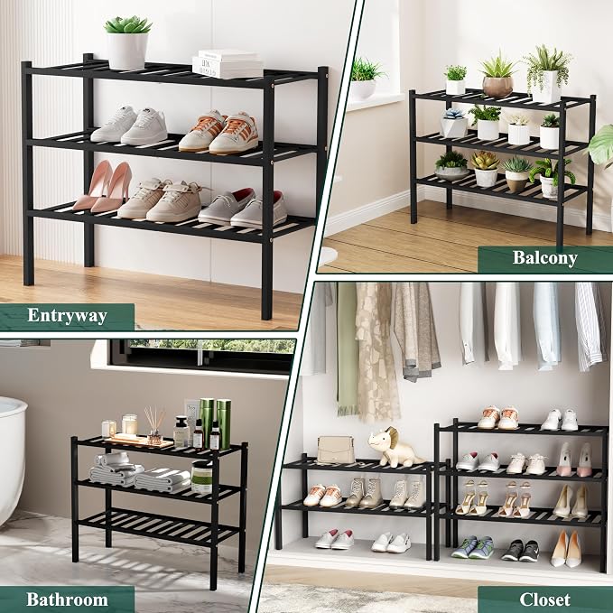 Smiry Long Bamboo Shoe Rack, 6 Tier Free Standing Wooden Shoe Organizer, Stackable Wood Shoe Storage Shelf for Closet, Entryway, 12 Vertical Slats, 2+2+2 Stack Standard Legs, 33.7"x11"x39", Black