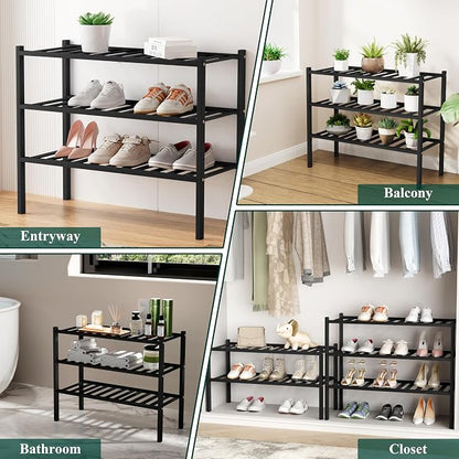 Smiry Long Bamboo Shoe Rack, 3 Tier Free Standing Wooden Shoe Organizer, Stackable Wood Shoe Storage Shelf for Closet, Entryway, 12 Vertical Slats, 2+1 Stack Standard Legs, 33.7"x11"x19.5", Black