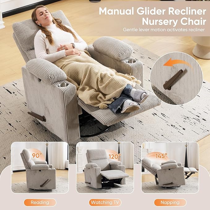 Swivel Rocker Recliner with Adjustable Armrests, Rocking Nursery Chair with