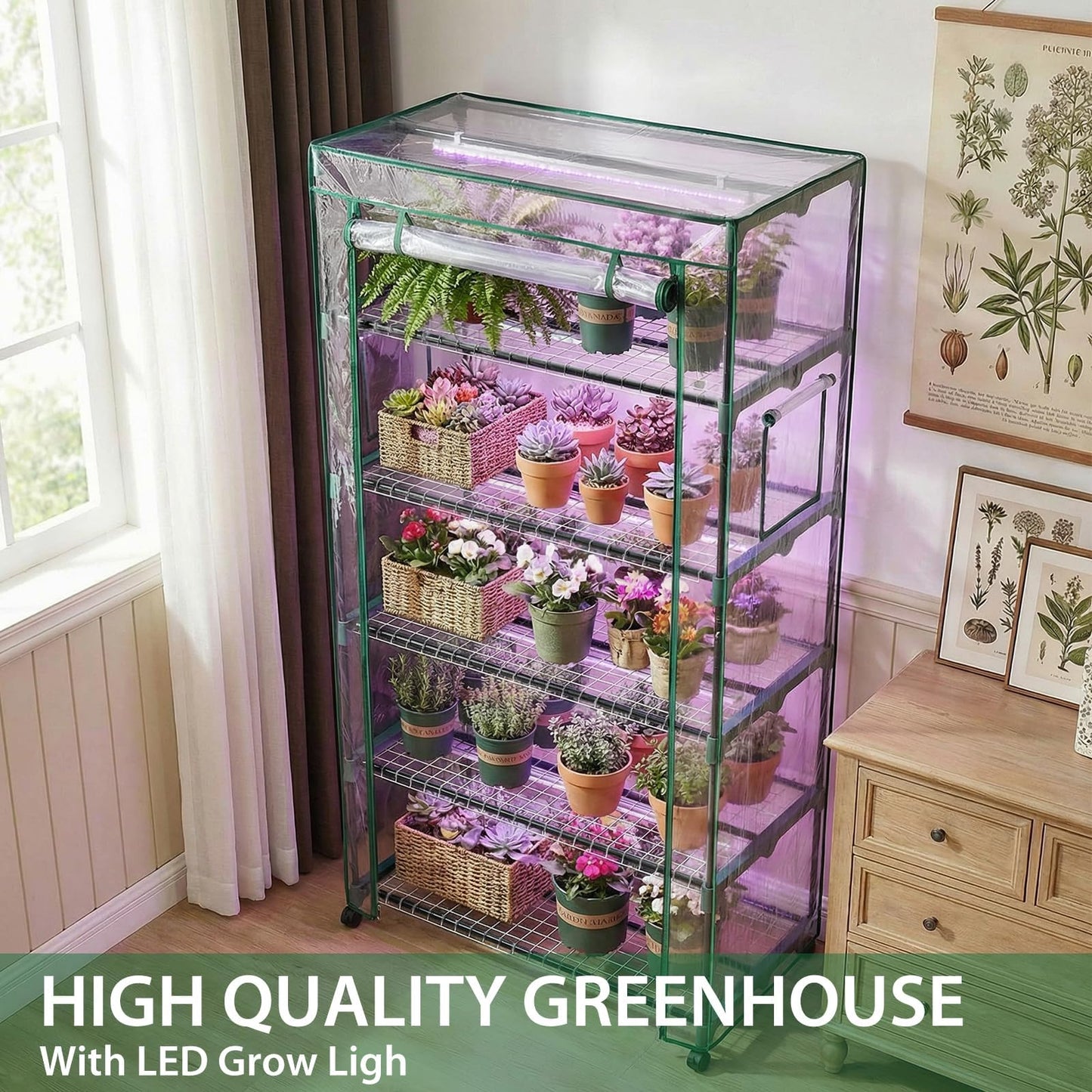Indoor Greenhouse with Grow Lights & Wheels, 5 Tier Wire Shelf PVC Tent Portable Mini Green House Cabinet Kit for Plant Seed Starting Mushroom Grow (Upgraded)