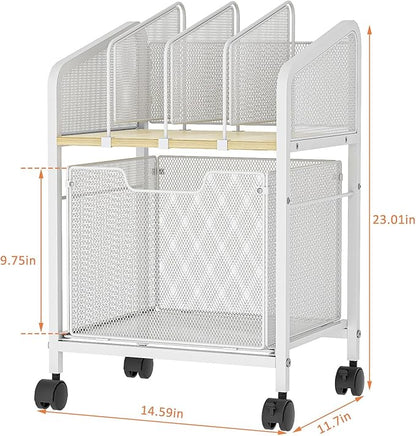 Tiaoheka Rolling File Cabinet with Adjustable Dividers, Mobile Filing Cabinet with Storage Drawer on Lockable Wheels, Hanging File Organizer Beside Under Desk for Office, Home, White（Patent Pending）