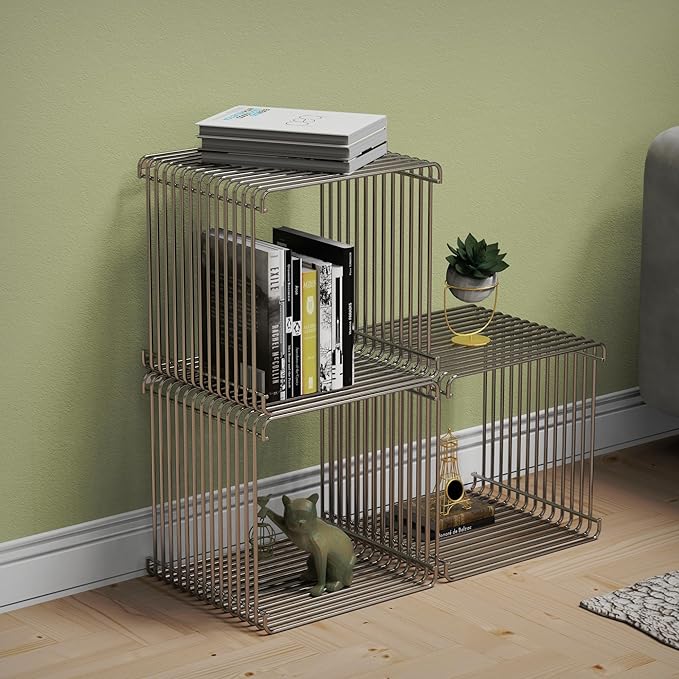 Square Geometry Retro Side Table Prime-Stainless Steel Linear Metal End Table