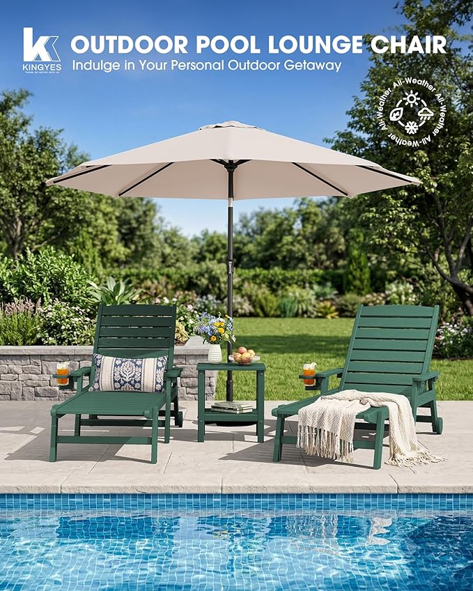 KINGYES HDPE Lounge Chair Outdoor, Patio Chaise Lounge Recliner