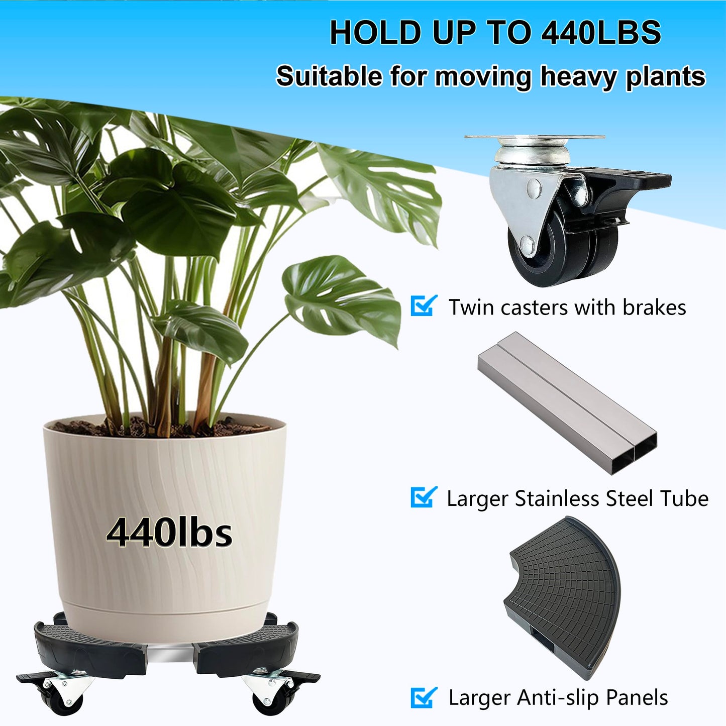 CASIMR Plant Stand with Wheels, Adjustable 15-21" Heavy Duty Plant Caddy with Casters, 440lb Capacity Indoor Outdoor Large Potted Planter Cart Dolly, Rolling Plant Stand for Flower Pot