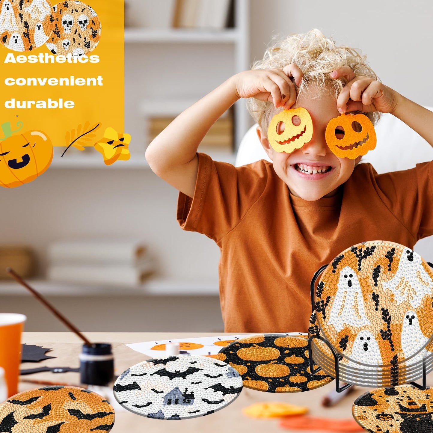 8 Pieces Halloween Diamond Art Coasters with Holder DIY Halloween Diamond Dot Coasters 5d Full Drill Diamond Coasters for Adults Halloween Diamond Painting Kits Supplies for Gift