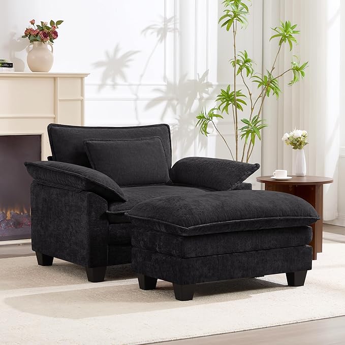 Oversized Accent Chair with Ottoman, Upholstered Armchair with Extra Thick