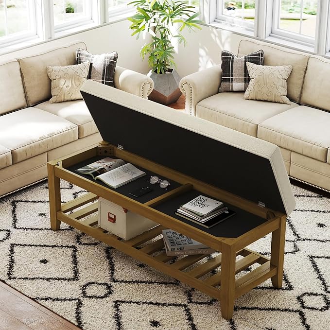 Befurtori Large Rectangular Upholstered Ottoman Bench, Linen Tufted Footrest