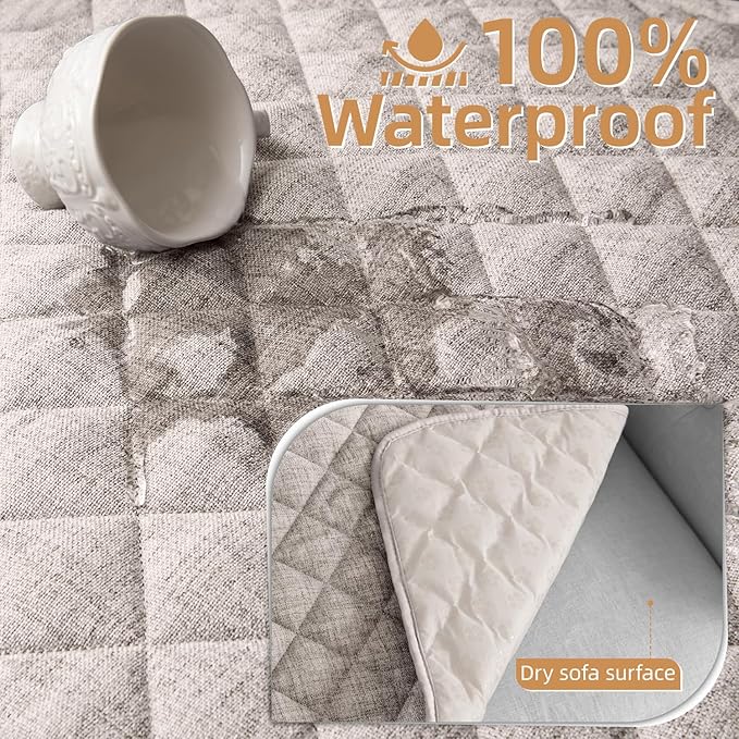 Dog Couch Cover for Sofa 100% Waterproof Faux Linen Sofa Covers for 3 Cushion