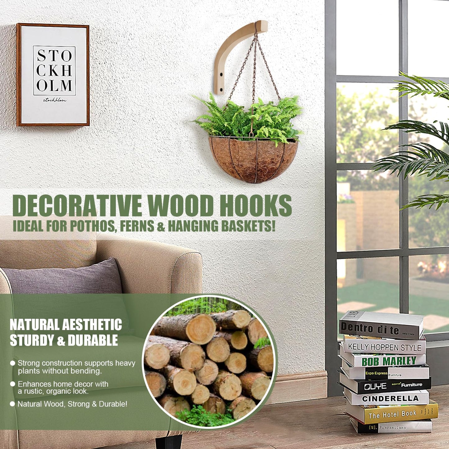 HCDHAKN Wooden Plant Hanger, Plant Hooks for Hanging Baskets 2 Pcs, Wooden Hanging Baskets, 8.7 Inches, Perfect for Flower Pots, Lanterns, Wind Chimes, Lamp Decorations, and Garden Ornaments