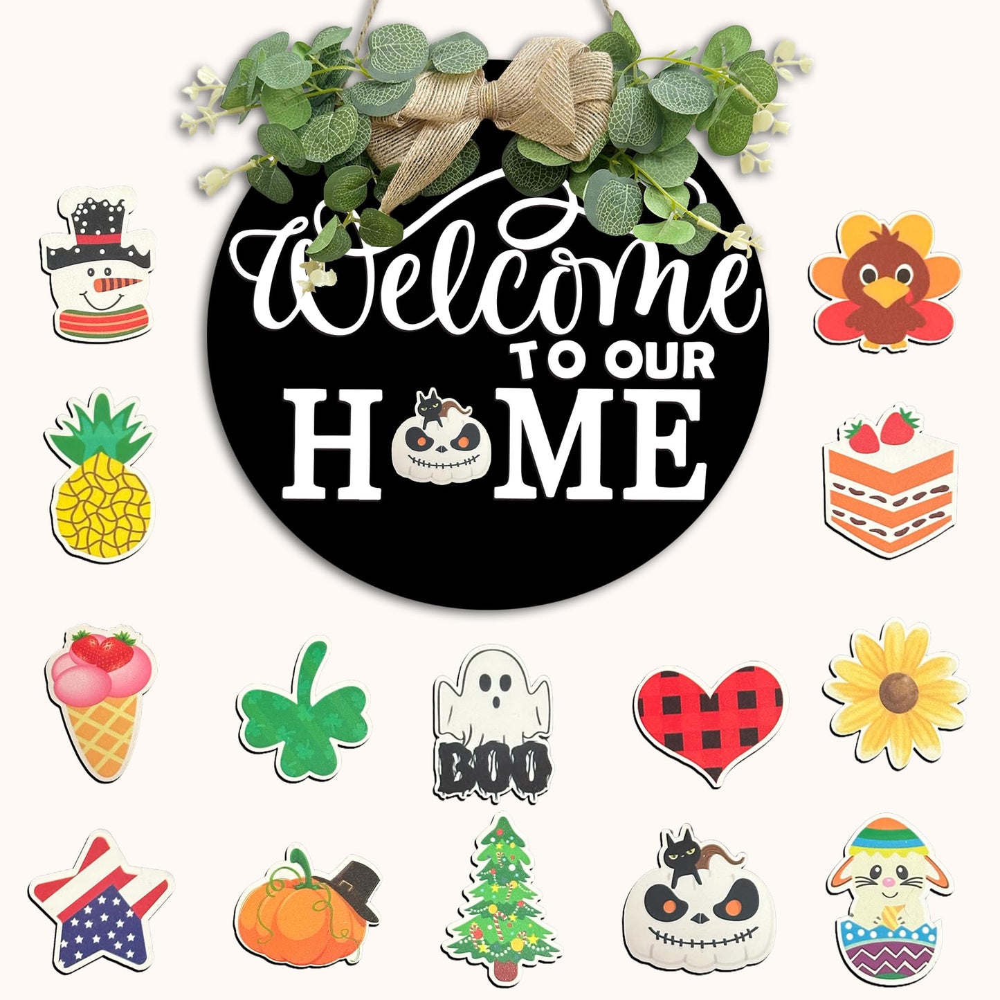 Seasonal Welcome Wood Sign - Rustic Round Wreaths Sign - Interchangeable Front Door Porch Wall Hanging Outdoor Decor - Seasons Holiday Halloween Christmas - Housewarming Gift For Family（Black） - A02