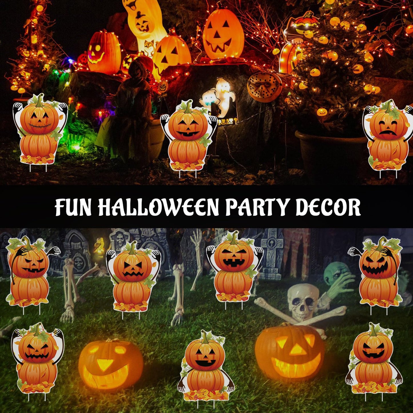 DECEED 10 PCS Halloween Pumpkin Yard Signs with Stakes, Waterproof Pumpkin Ghost Lawn Signs, Trick or Treat Party Garden Outdoor Decorations, 10 Cute Scary Styles
