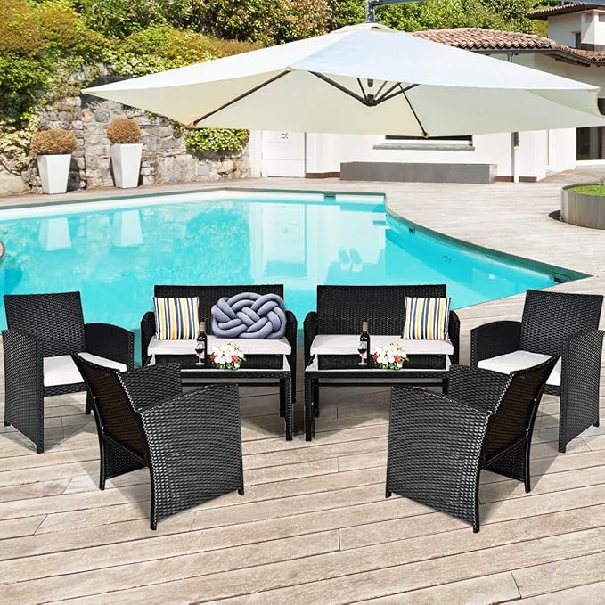 Tangkula Patio Wicker Conversation Furniture Set, Patiojoy Sofa & Table Set w/4