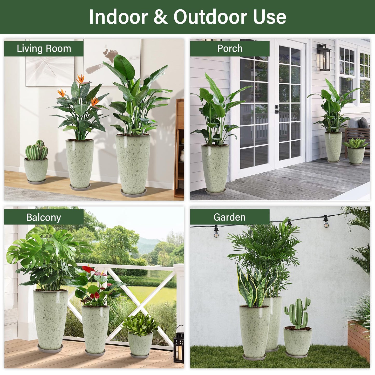 Neoaider 24/21/12 Inch Large Plastic Planter, Lightweight Ceramic-Look Tall Planters with Drain Hole & Saucers, Tall Plastic Planters for Porch, Garden, Patio, Balcony(Drip Glaze)