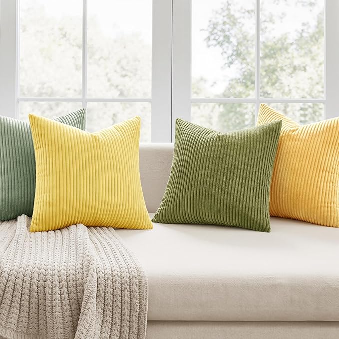 MIULEE Boho Farmhouse Yellow Green Throw Pillow Covers 18x18 Inch Set of 4