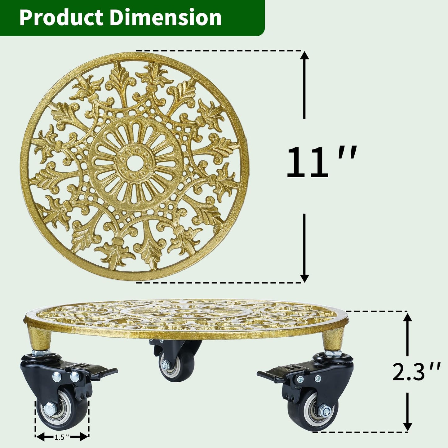 GARGENTOL 2 Pack 11 Inch Gold Metal Plant Caddy with Wheels, Round Rolling Plant Stand Heavy Duty Indoor Outdoor Planter Dolly, Plant Pot Mover for Large Flower Pots and Planters