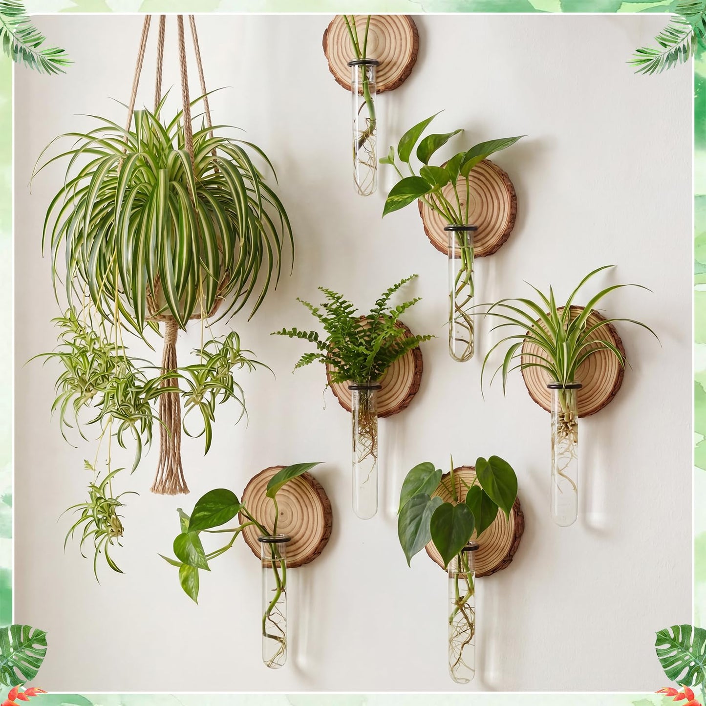 Chumia 6 Pcs Plant Propagation Stations Wall Hanging Planter Glass Plant Propagation Station, Natural Wood Slices Stand for Home Office Decoration