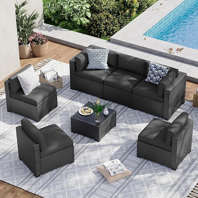 Aoxun 7 Piece Patio Furniture Set, Wicker Rattan Patio Sectional Sofa, Outdoor